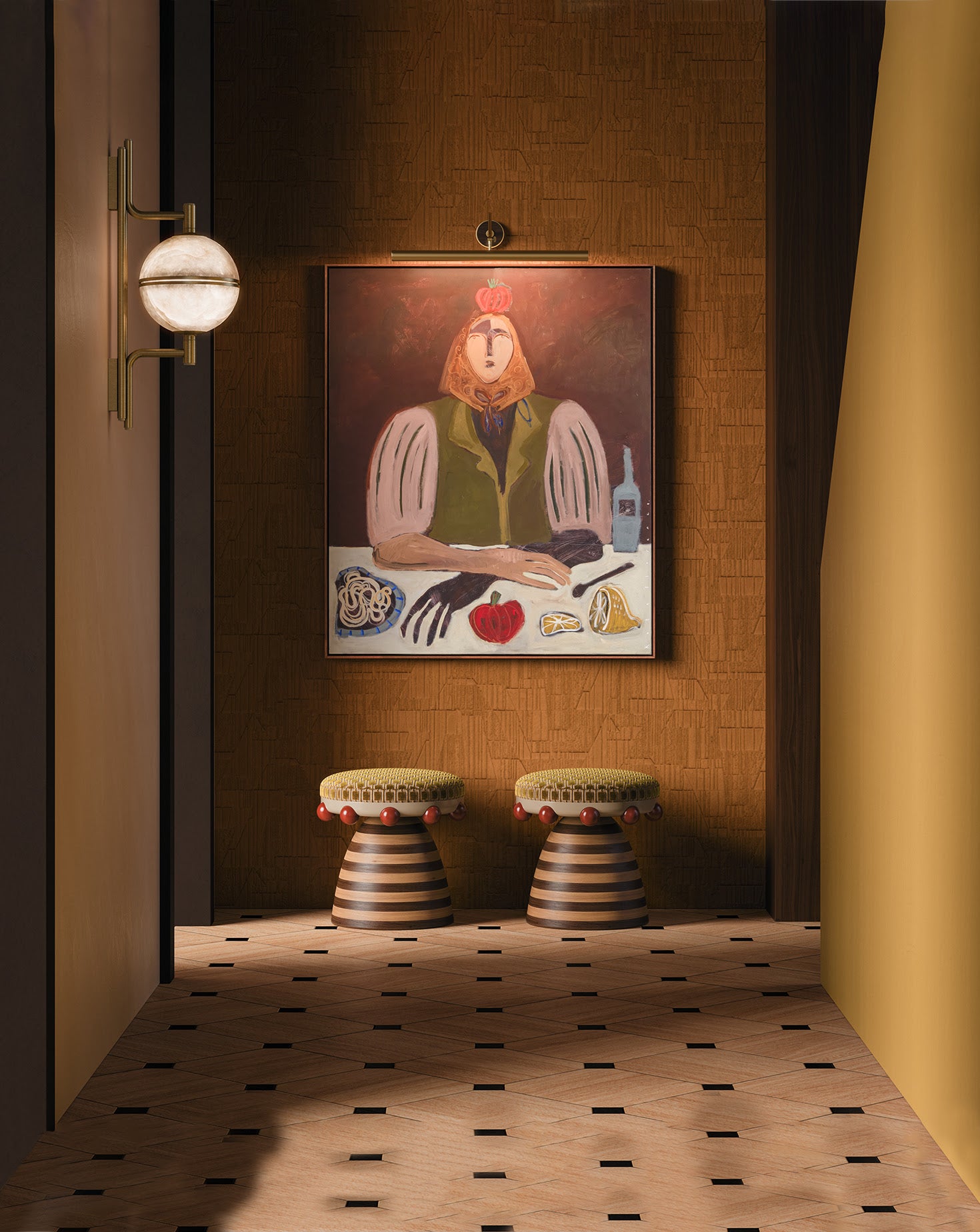 Krom Mea Wood and Velvet Red Stool