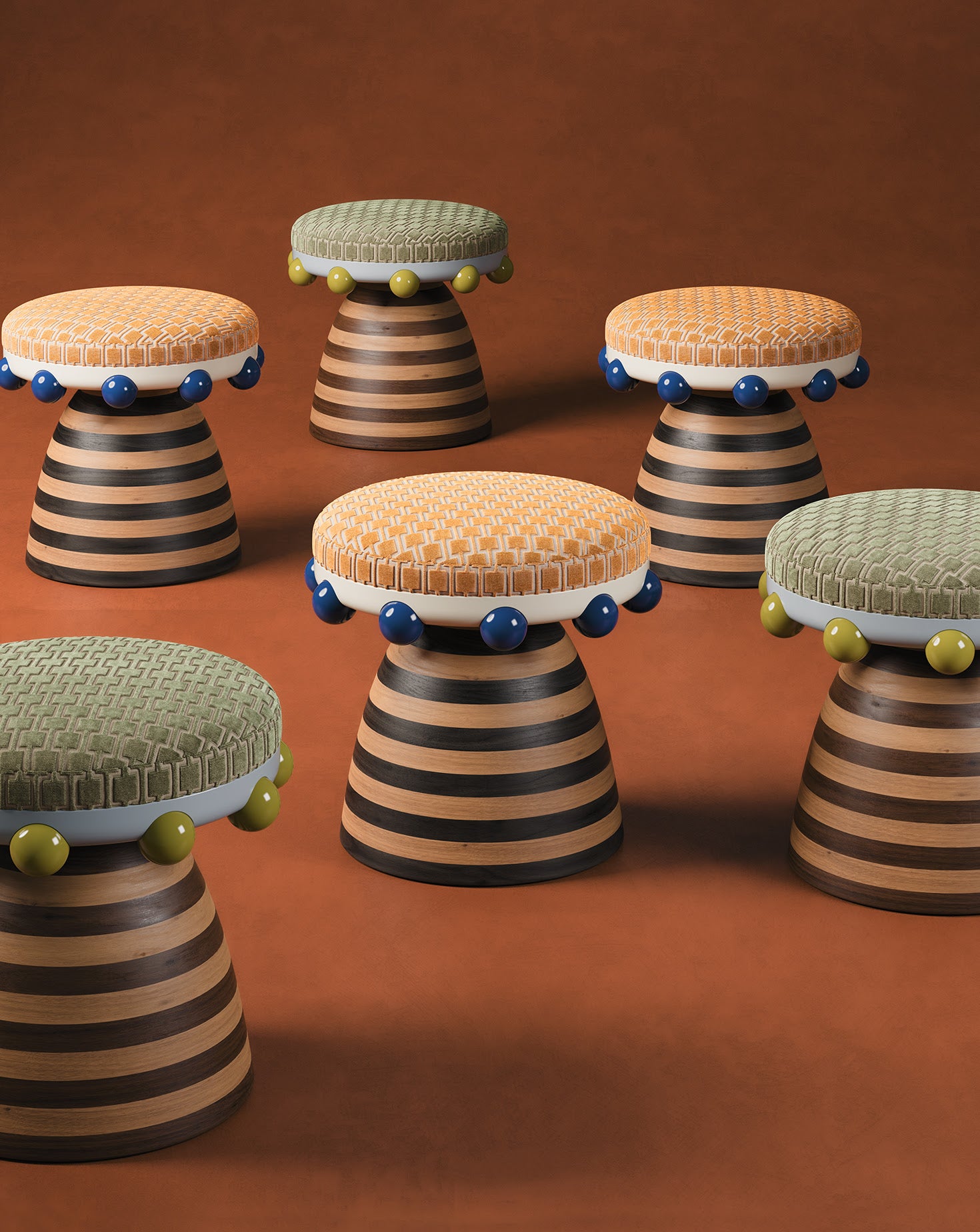 Krom Mea Wood and Velvet Blue Stool