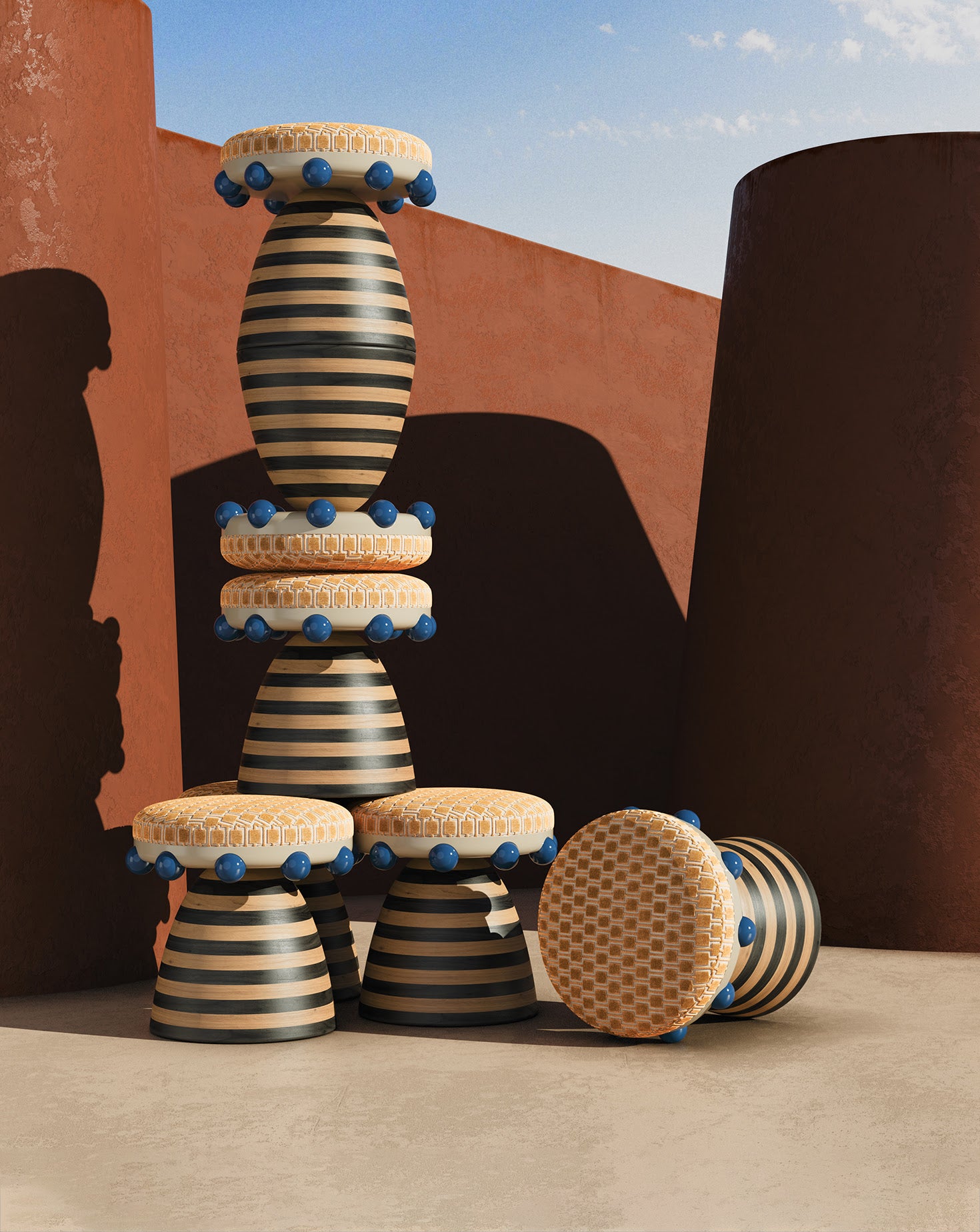 Krom Mea Wood and Velvet Blue Stool