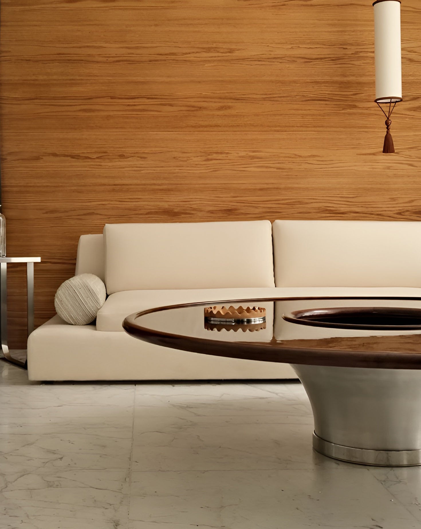 Beige sofa in a modern living room with wooden wall and round coffee table.