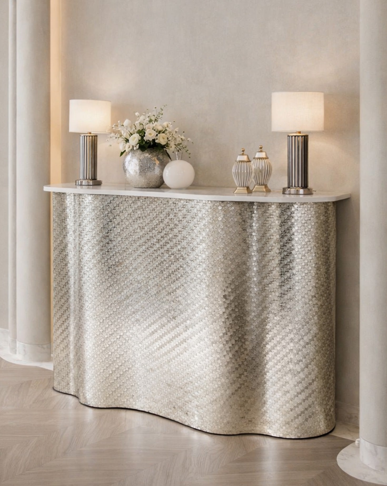 SS Woven Silver and Chrome Bar Cabinet