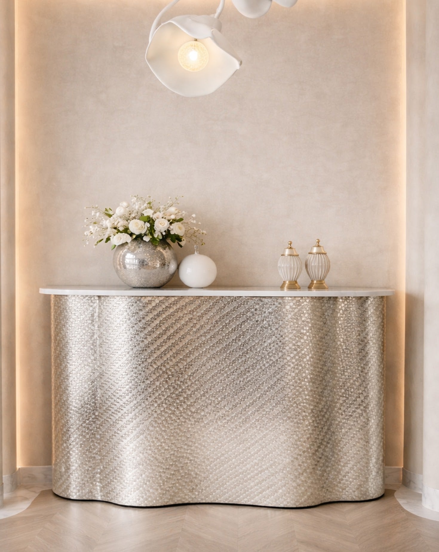 SS Woven Silver and Chrome Bar Cabinet