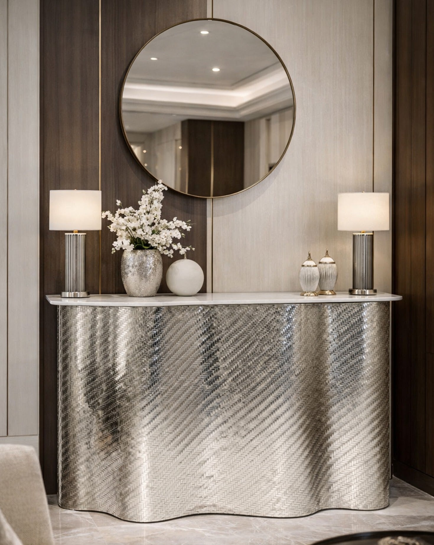 SS Woven Silver and Chrome Bar Cabinet