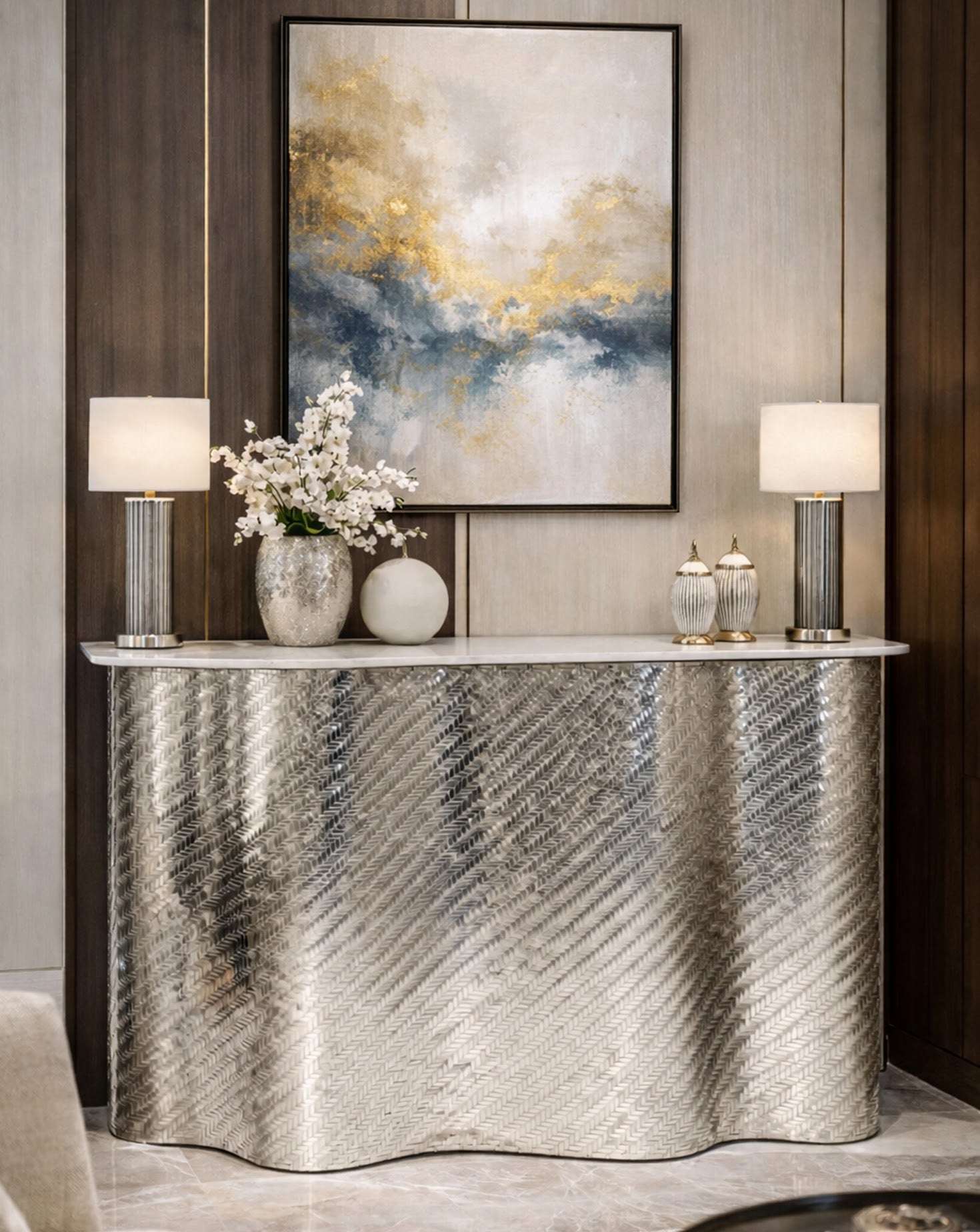 SS Woven Silver and Chrome Bar Cabinet