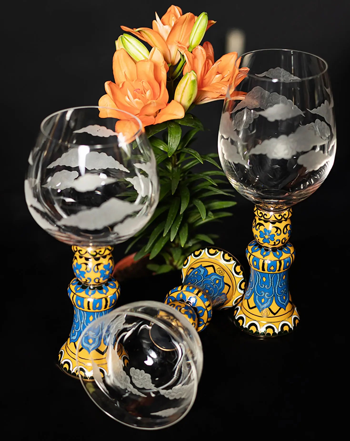 Set of 3 Chinese Cloisonne Crystal Goblets Lotus Arts de Vivre