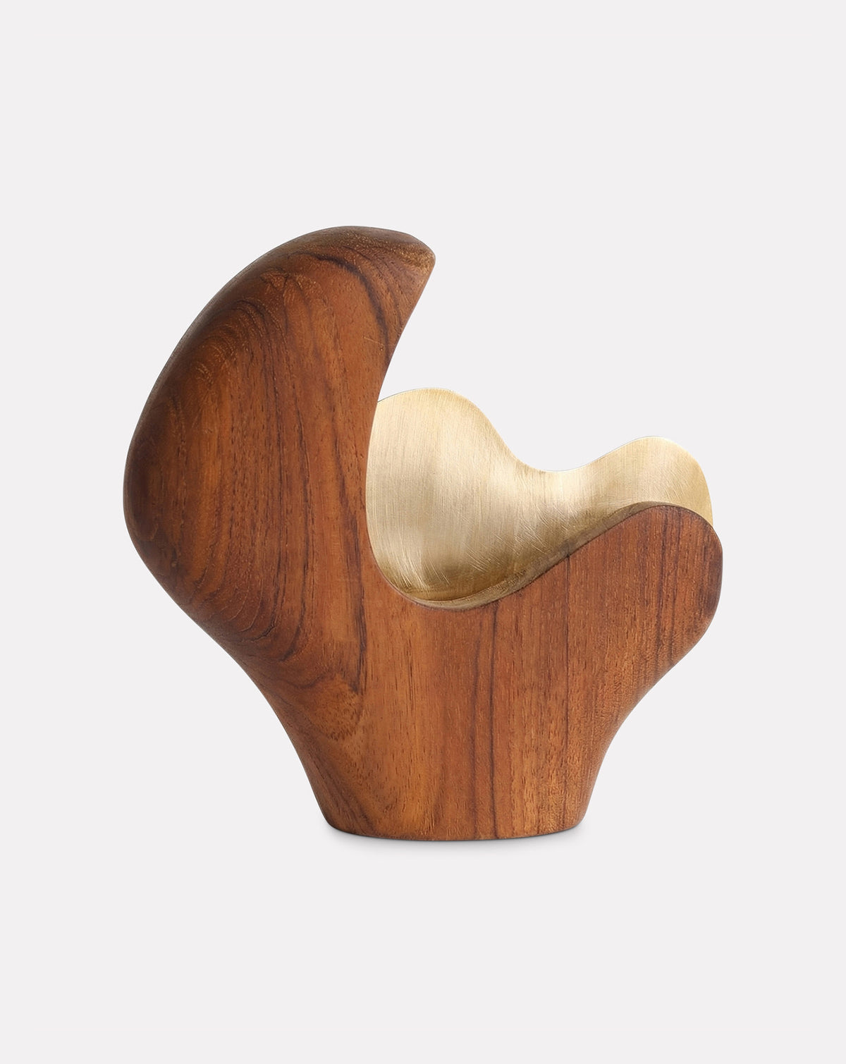ADIRA 03 teak wood and brass vase, a luxury kitchenware sculpture with curved upward-leaning form