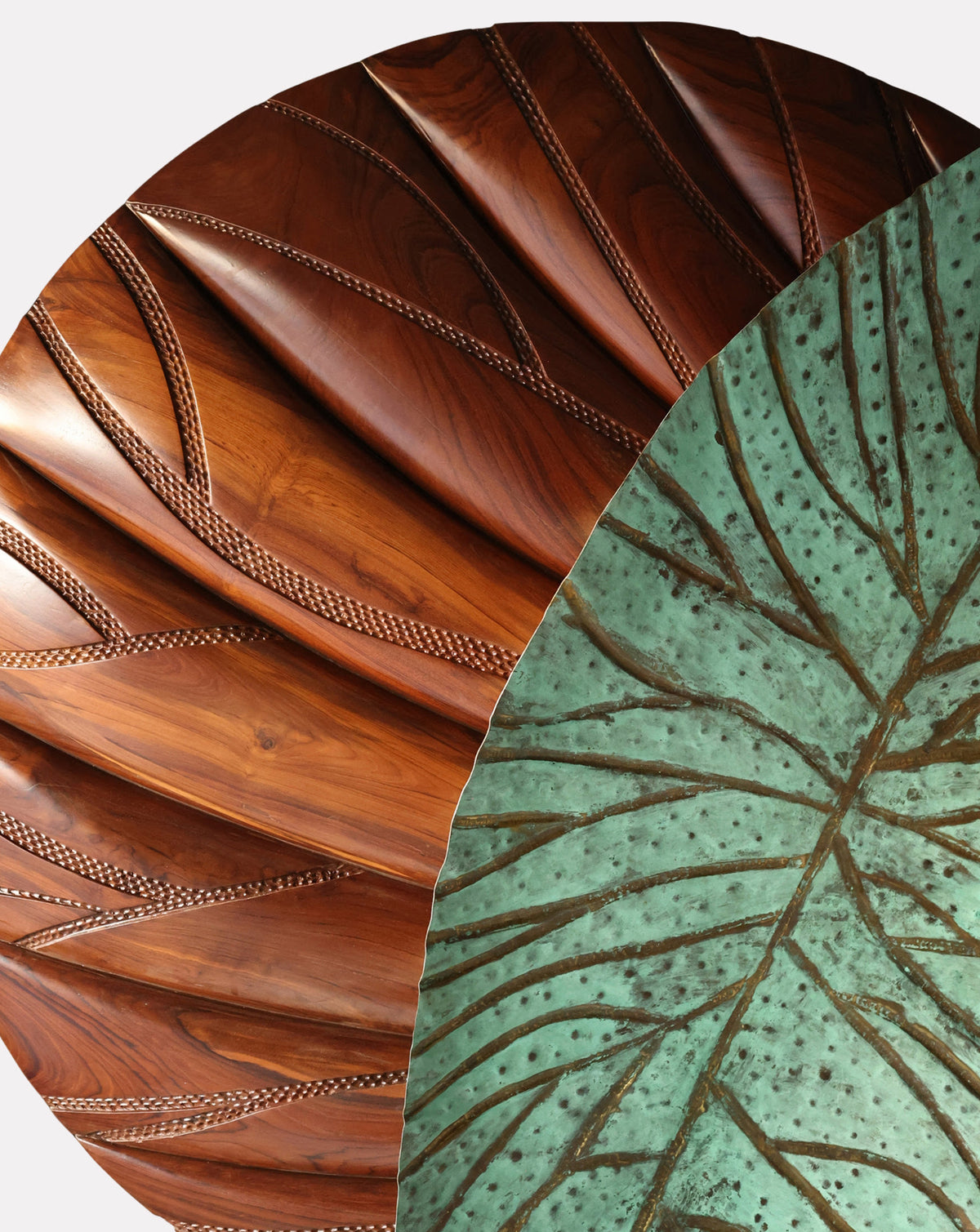 Patinated brass detail contrasting warm teak grain on a made to order wall piece