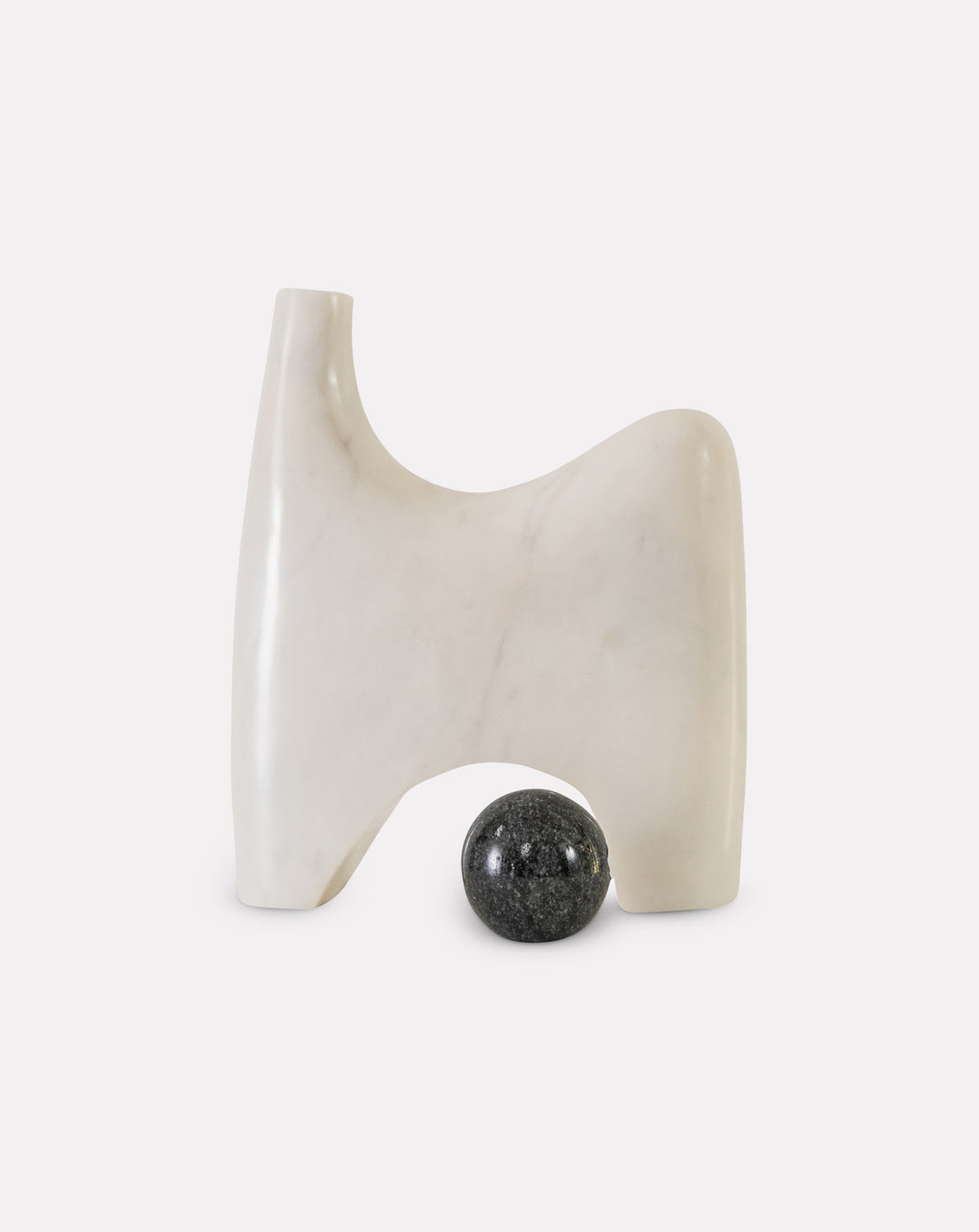 Hand sculpted white marble vase with black marble sphere, luxury kitchenware and tabletop sculpture