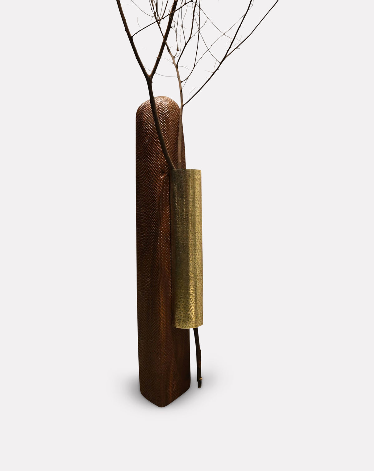 LIGNA solid teak and brass floor sculpture, a statement piece for interiors styled with luxury kitchenware