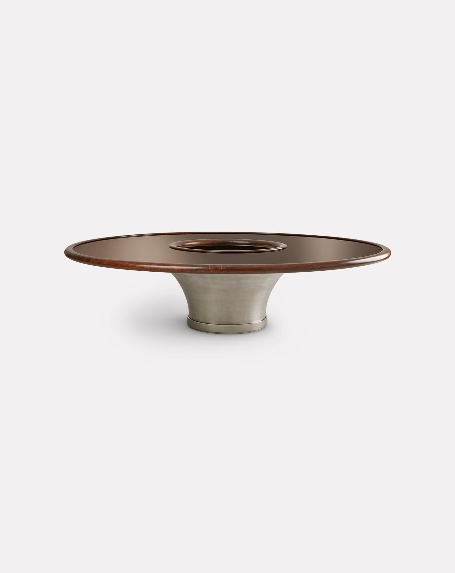 Decorative object with a brown top and silver base on a white background