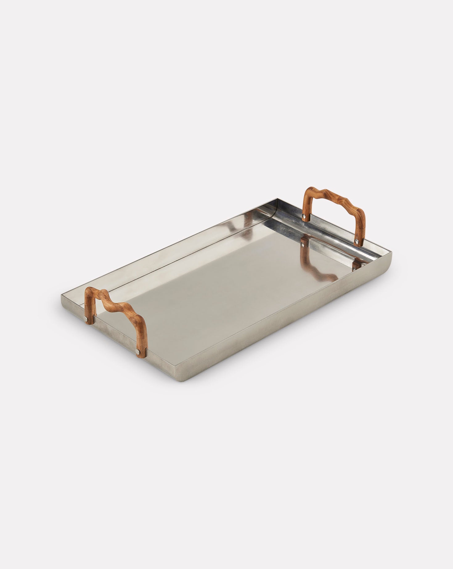 Rectangular metal tray with wooden handles on a white background