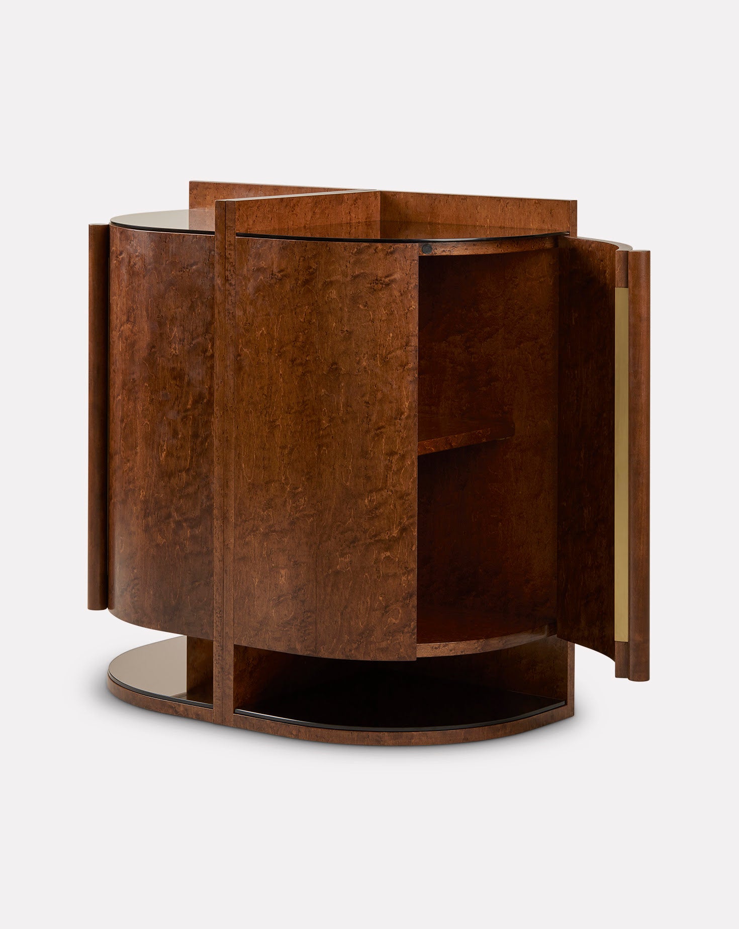 Wooden side table with open doors on a white background