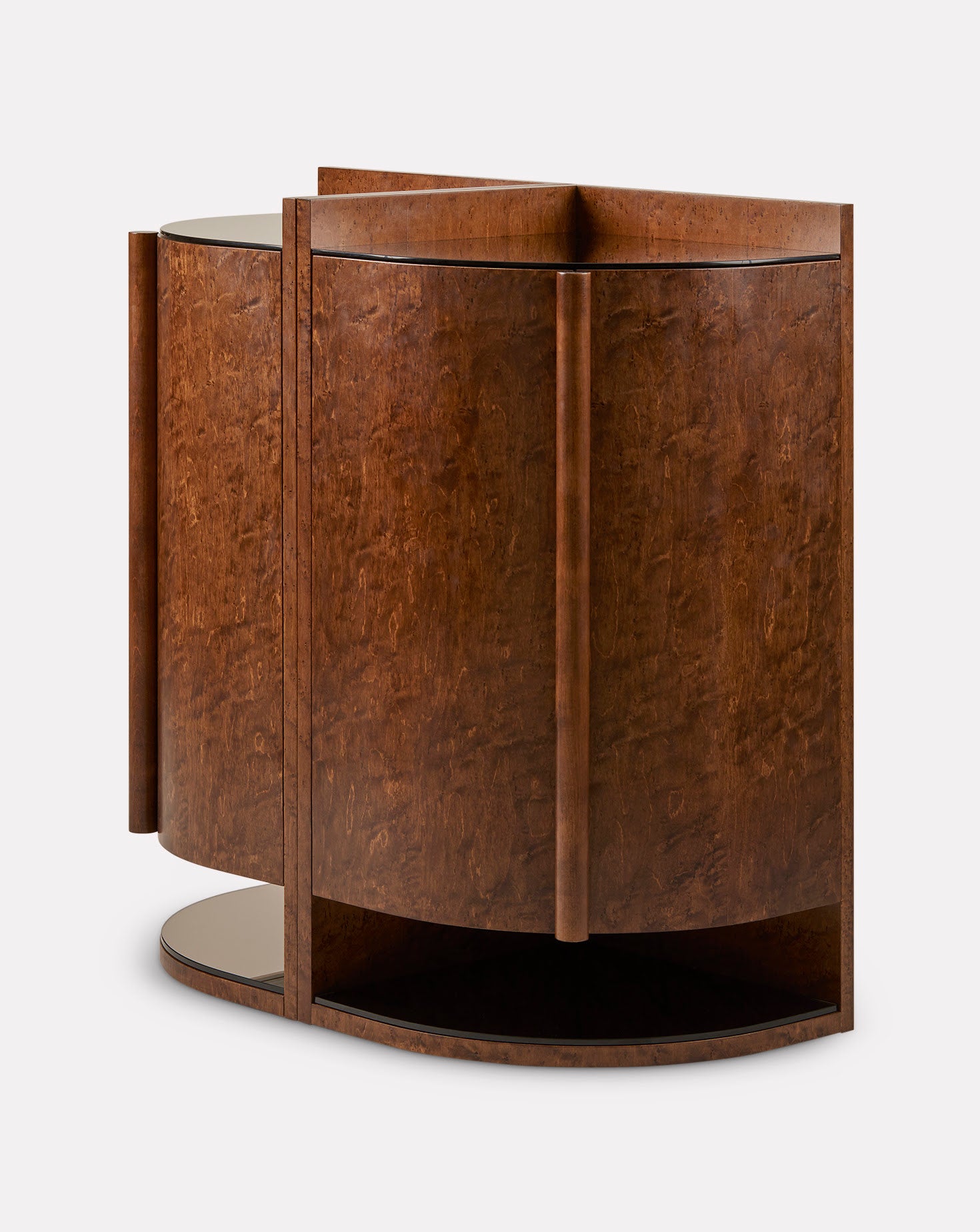 Brown wooden side table with a unique design on a white background