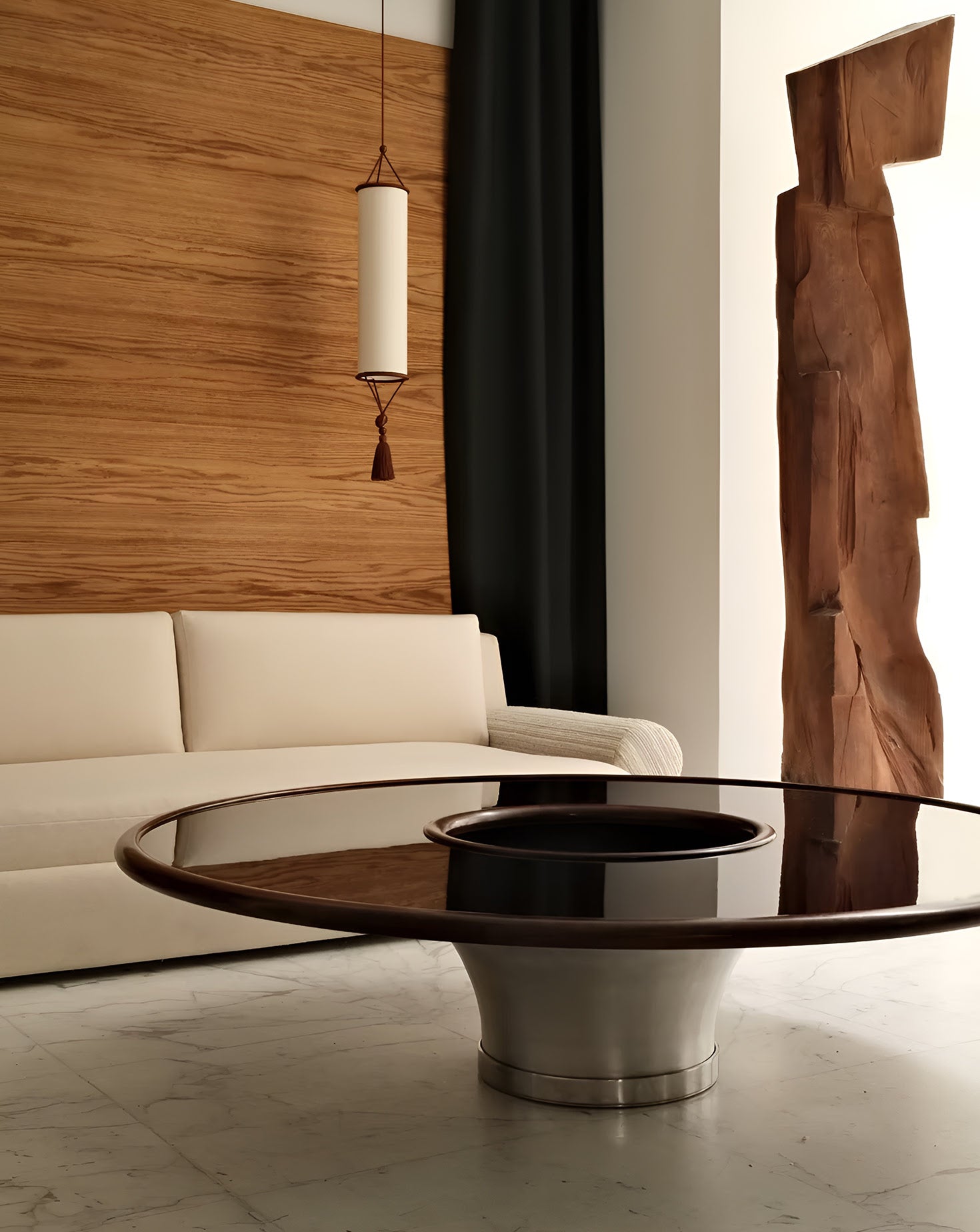 Modern living room with a white sofa, glass coffee table, and wooden wall.