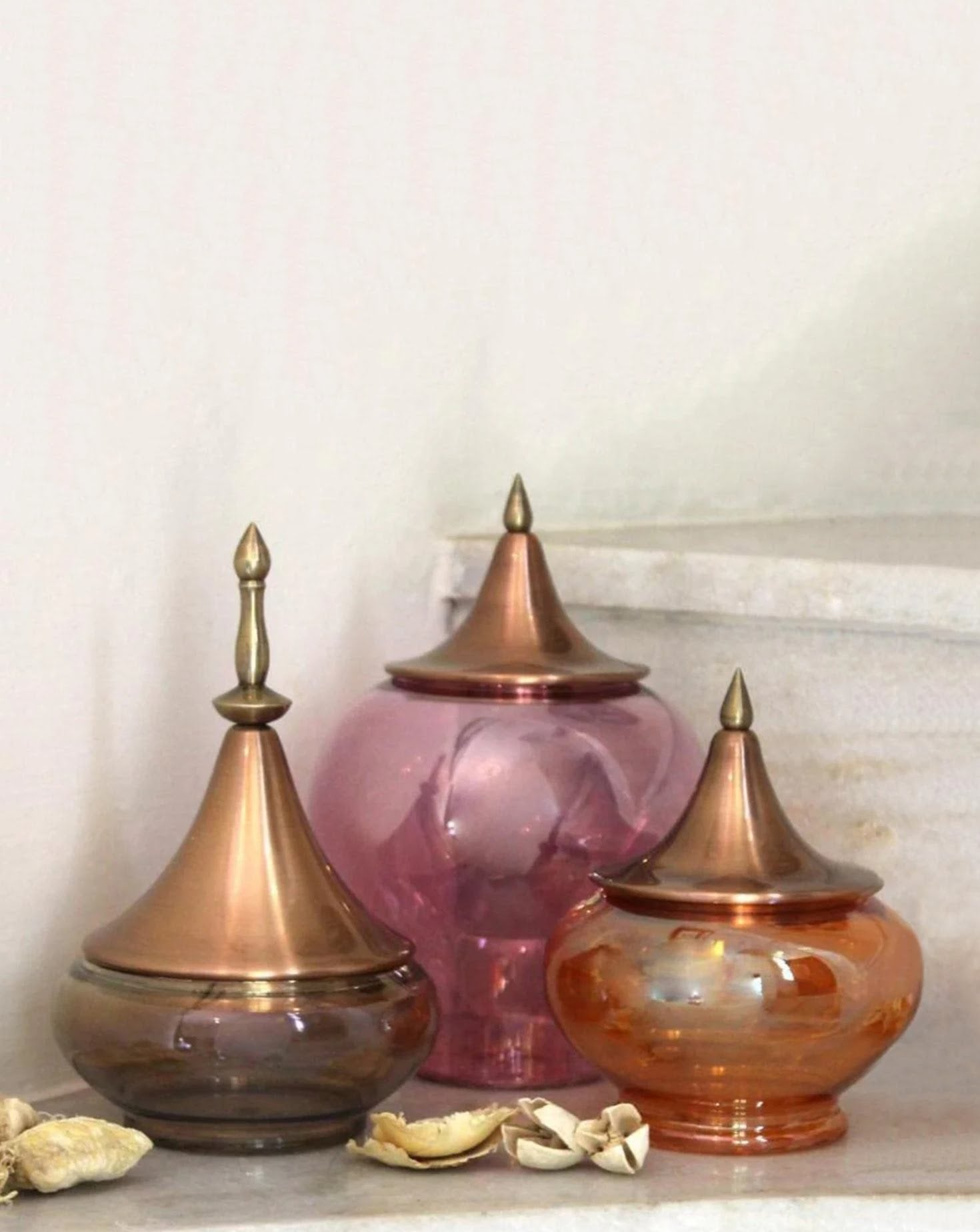 Spire Glass and Copper Jewel Vessel Sets of 3