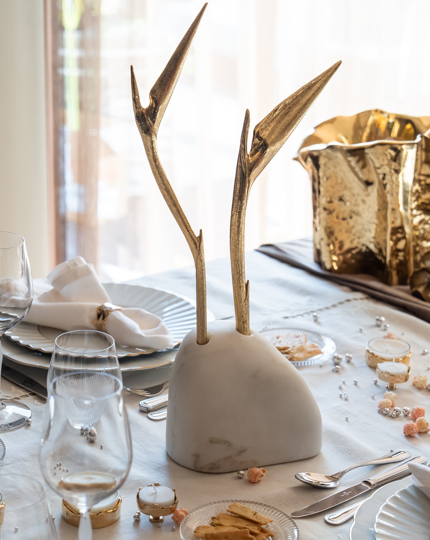 Pétrea II Marble and Brass Sculpture
