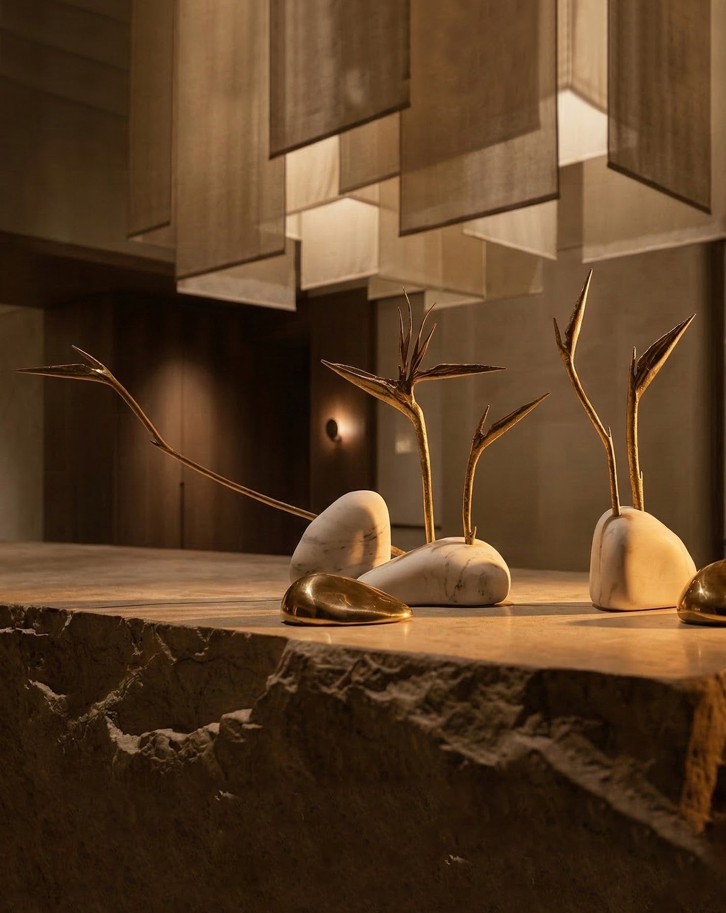 Pétrea II Marble and Brass Sculpture